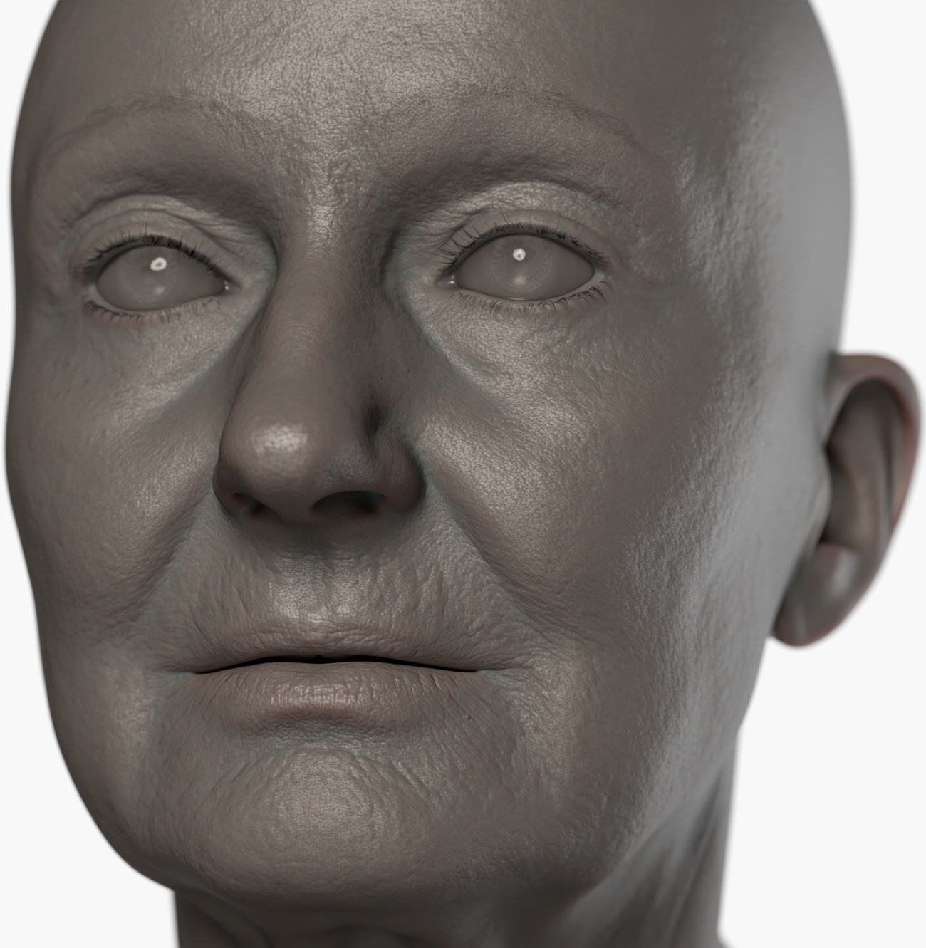 Clay render of an older female head 3D scan showing pore-level skin surface detail and fine wrinkles